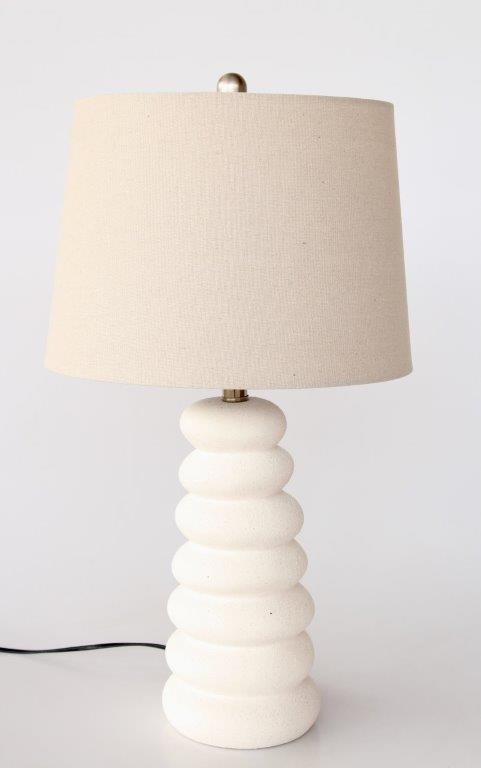 Off White Circles Lamp Base With Beige Linen Shade